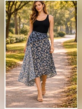 Philosophy Republic Floral Patchwork Asymmetrical Midi Skirt Blue Boho M